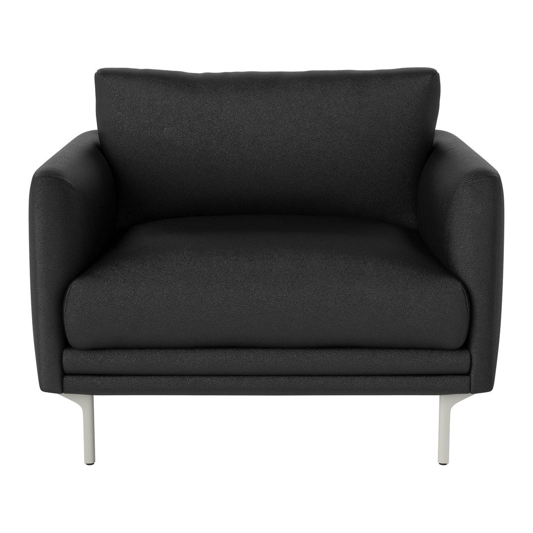 Modern black armchair featuring a sleek design and soft fabric upholstery, complemented by metal legs.