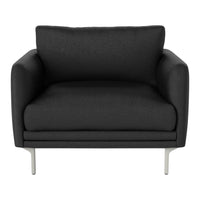 Modern black armchair featuring a sleek design and soft fabric upholstery, complemented by metal legs.