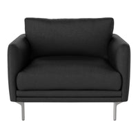 Black upholstered armchair with sleek silver legs, featuring a smooth, modern design and subtle texture.