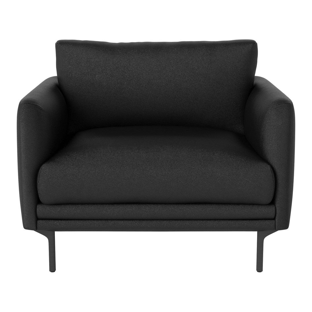 Black upholstered armchair with a smooth texture and minimalist design, featuring a sturdy metal frame.