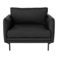 Black upholstered armchair with a smooth texture and minimalist design, featuring a sturdy metal frame.