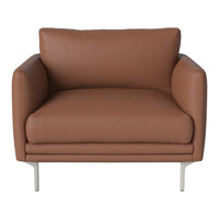 Brown leather armchair with minimalist design and sleek silver legs. Modern and stylish seating option.