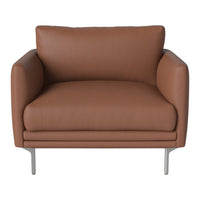 Brown leather armchair with smooth texture and sleek silver legs, featuring a minimalist design.