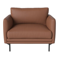 Brown leather armchair with smooth texture and sleek black metal legs, perfect for modern decor.