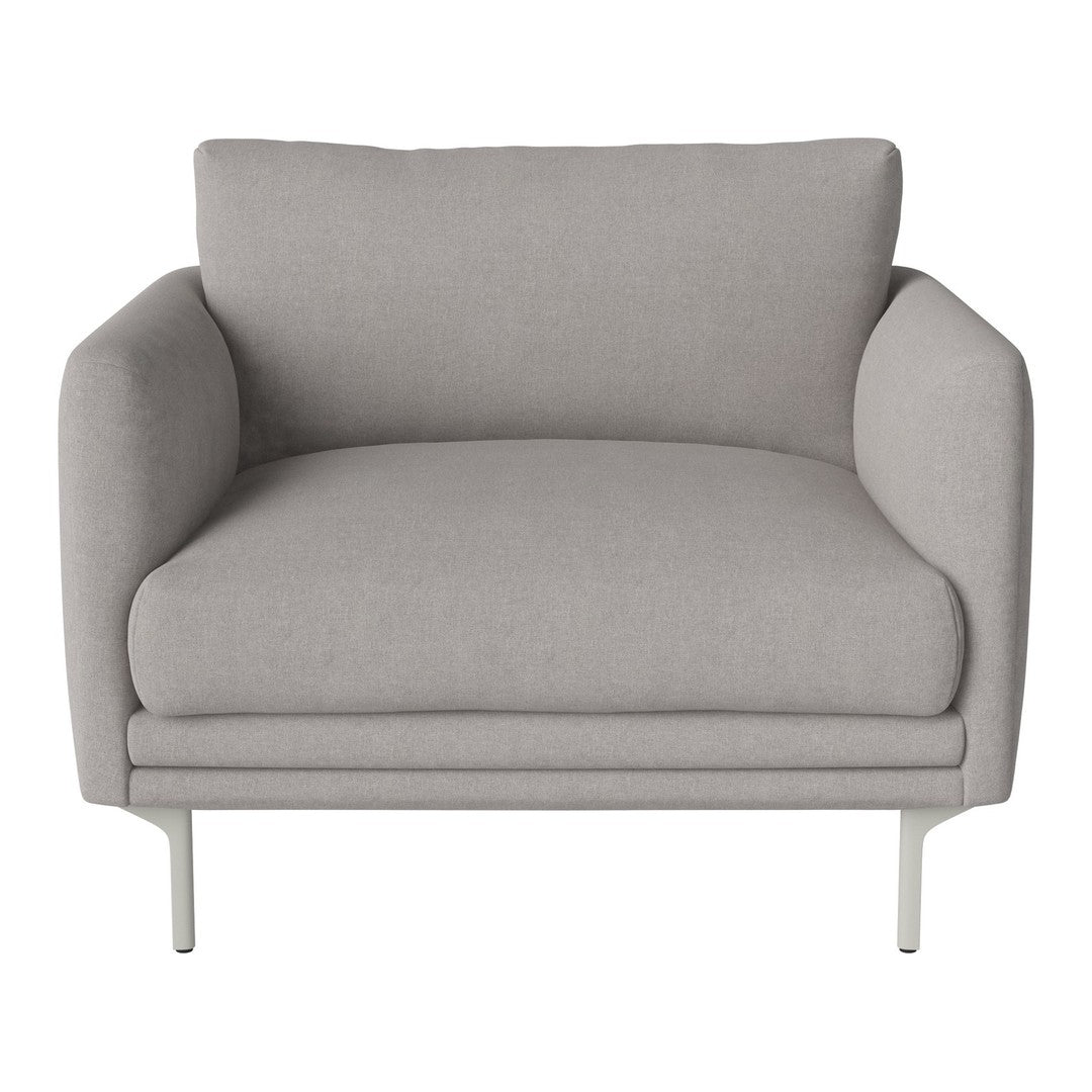 Gray upholstered chair with a modern, minimalist design and sleek metal legs. Perfect for contemporary interiors.