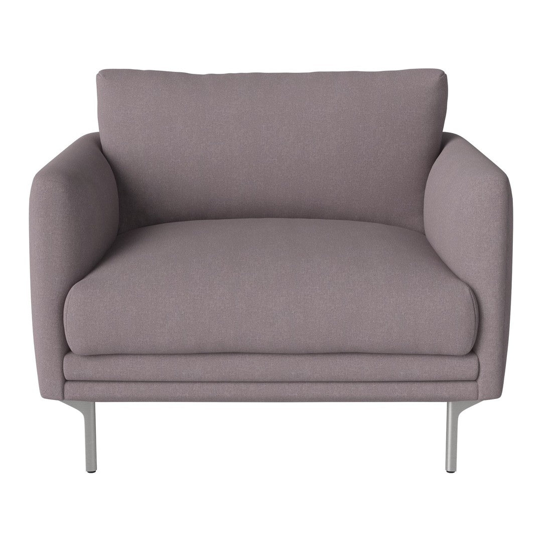 Soft lavender armchair with smooth upholstery and sleek silver legs. Stylish and modern for any living space.