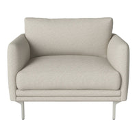 Light gray upholstered armchair with textured pattern, featuring a minimalist design and sleek metal legs.