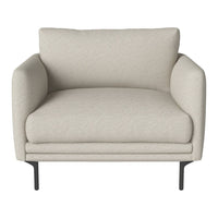 Light beige armchair with smooth fabric and subtle pattern, featuring black metal legs for a modern touch.
