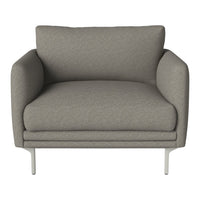 Gray upholstered armchair with a smooth texture and contemporary design, featuring minimalist silver legs.