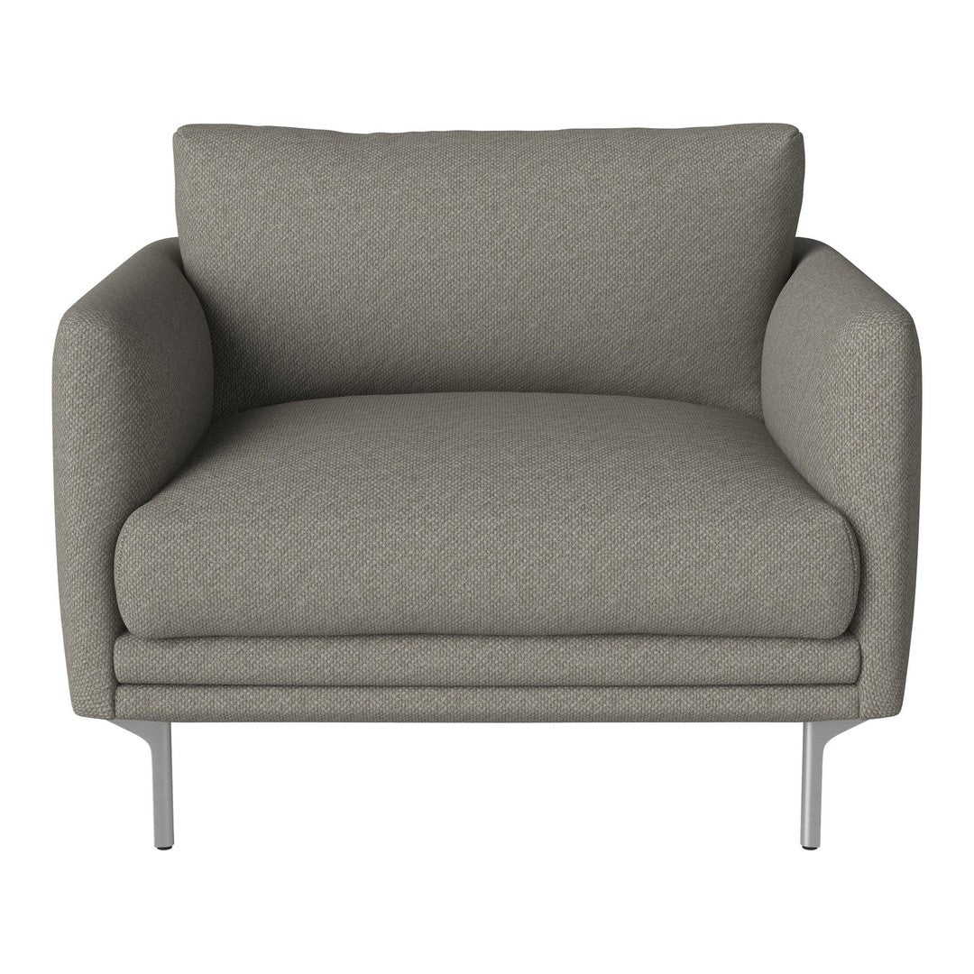 Gray upholstered chair with a smooth, minimalist design and soft texture, featuring sleek metal legs.