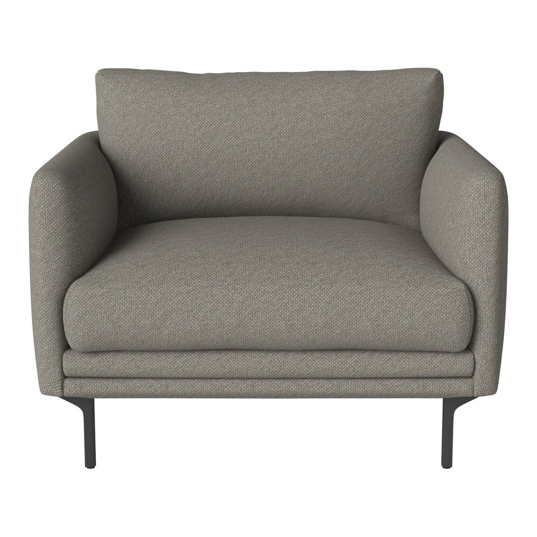 Modern gray chair with a textured pattern and sleek black metal legs. Perfect for stylish home decor.