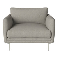 Light gray upholstered armchair with a smooth, solid pattern and sleek metal legs. Perfect for modern decor.