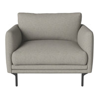 Light gray upholstered armchair with a smooth texture and minimalist design on black metal legs.