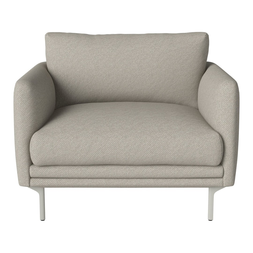 Light gray upholstered armchair with soft texture and minimalist design, featuring sleek metal legs.