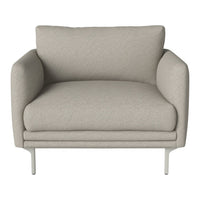 Light gray upholstered armchair with soft texture and minimalist design, featuring sleek metal legs.