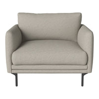 Light beige armchair with a subtle textured pattern and sleek black metal legs. Ideal for modern living spaces.