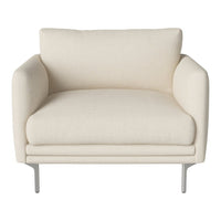 Cream-colored armchair with smooth fabric and minimalist design, featuring a sleek silver metal frame.
