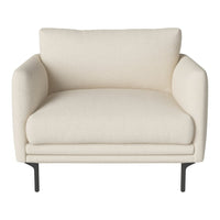 Beige modern armchair with smooth upholstery and sleek black metal legs. Ideal for minimalist interior design.