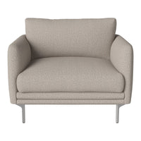 Beige upholstered armchair with a textured fabric, featuring a minimalist design and sleek metal legs.