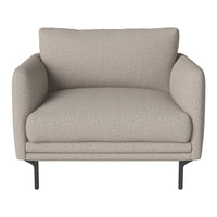 Light beige upholstered armchair with a textured fabric and minimalist black metal legs. Perfect for modern interiors.