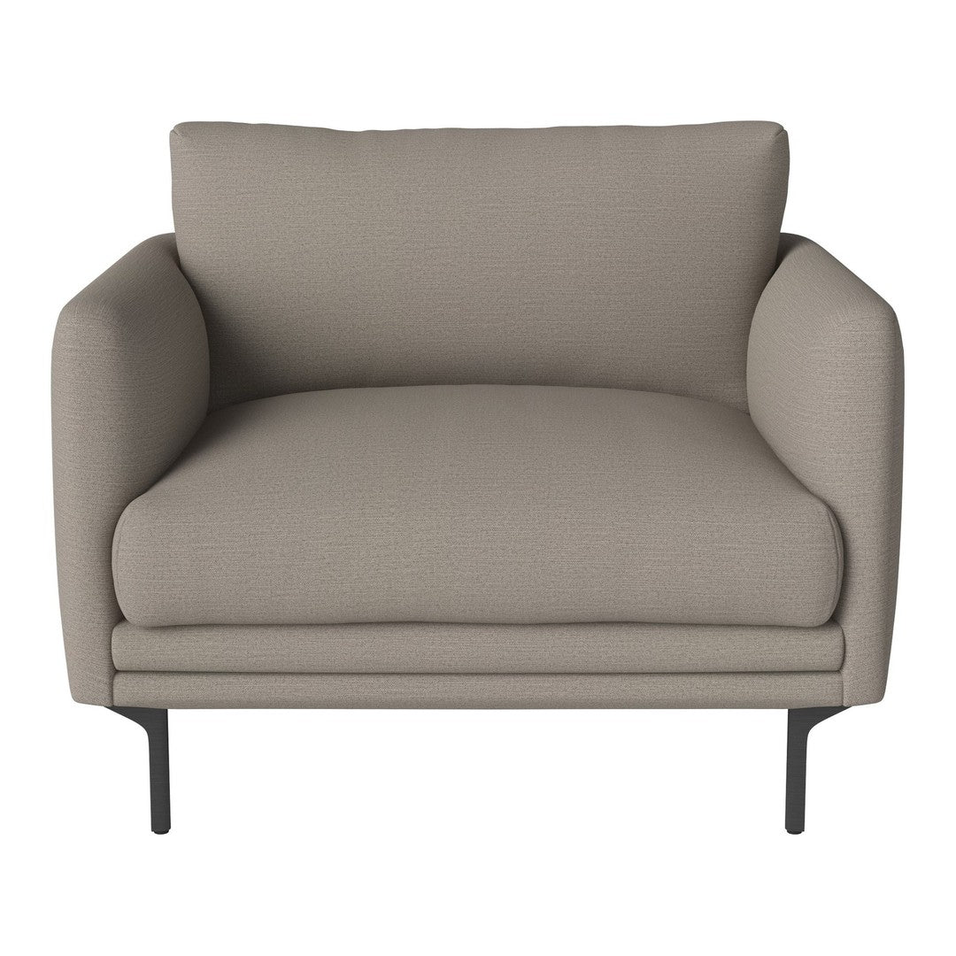 "Stylish taupe armchair with soft fabric and sleek black legs, perfect for modern home decor."