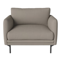 "Stylish taupe armchair with soft fabric and sleek black legs, perfect for modern home decor."