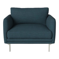 Teal upholstered armchair with a smooth texture and sleek silver legs. Perfect for modern living spaces.