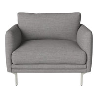 Gray upholstered armchair with a minimalist design and sleek silver metal legs. Perfect for modern decor.