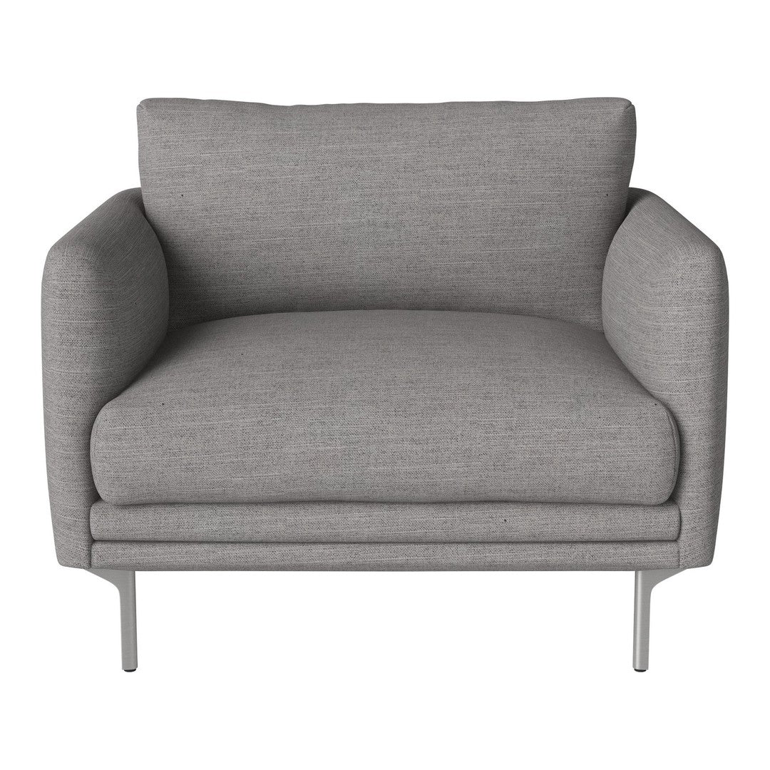 Gray accent chair with a modern, minimalistic design and soft fabric upholstery. Simple clean lines and sleek metal legs.