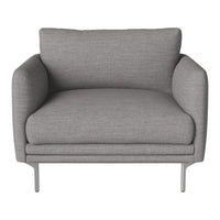 Gray accent chair with a modern, minimalistic design and soft fabric upholstery. Simple clean lines and sleek metal legs.