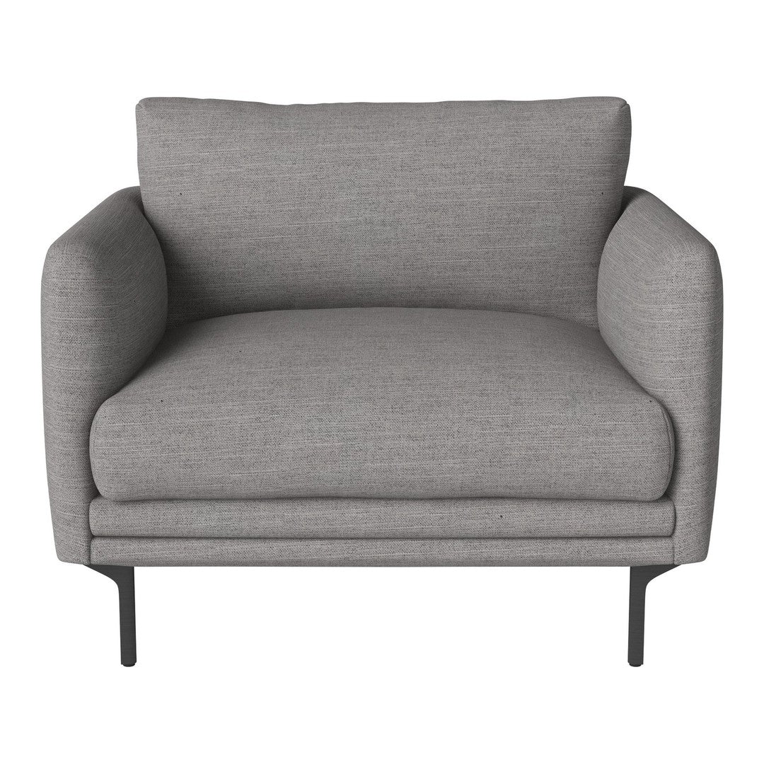 Gray upholstered armchair with smooth fabric texture and sleek black metal legs. Modern, minimalist design.