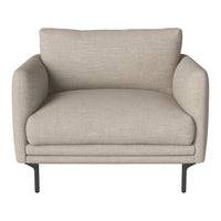 Light beige armchair with a soft texture and minimalist design, featuring black metal legs. Perfect for modern décor.