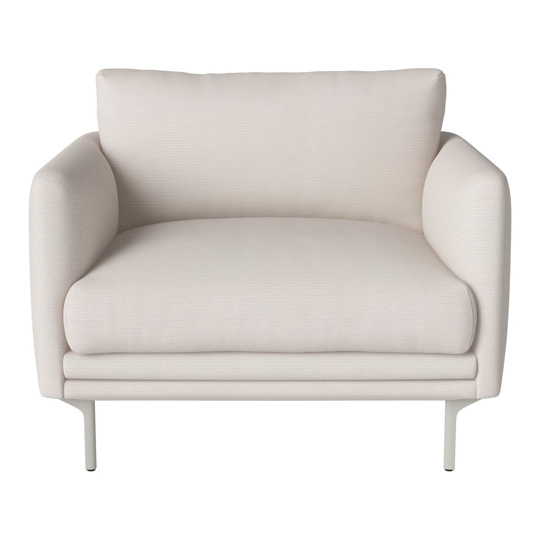 Light beige modern armchair with smooth upholstery and minimalist design. Ideal for contemporary decor.