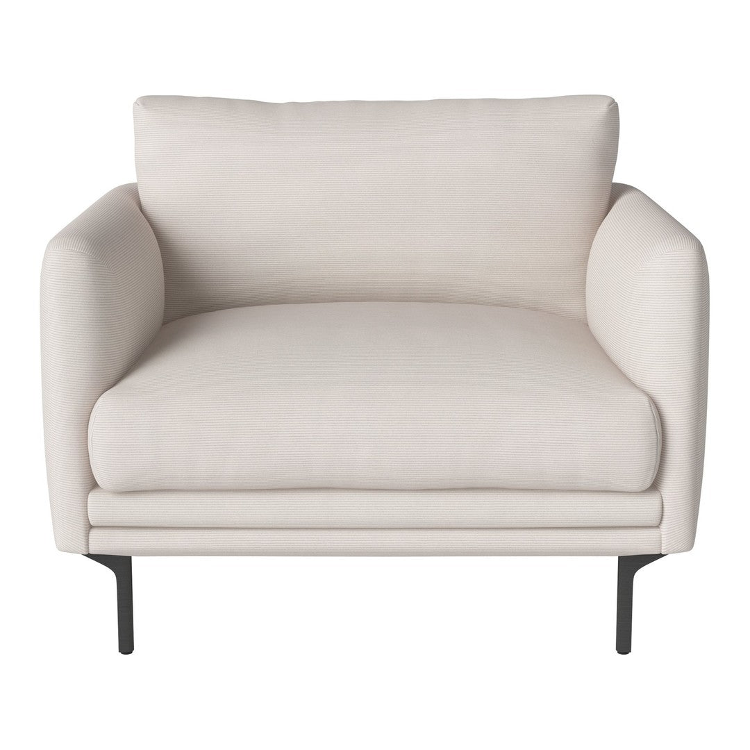 Light beige armchair with a smooth, solid fabric and minimalist design, featuring sleek black metal legs.