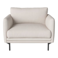 Light beige armchair with a smooth, solid fabric and minimalist design, featuring sleek black metal legs.