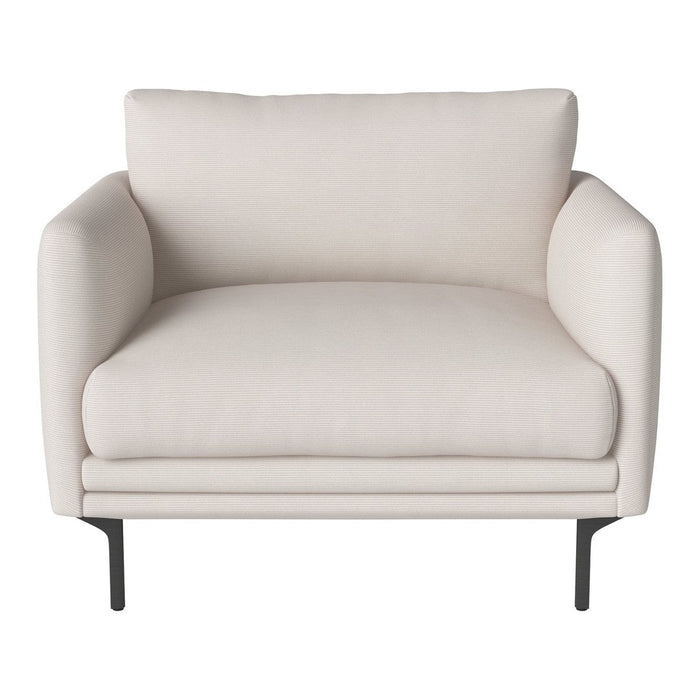 Light beige armchair with a smooth, solid fabric and minimalist design, featuring sleek black metal legs.