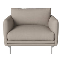 Beige upholstered armchair with smooth fabric texture and minimalist design on sleek metal legs.