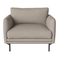 Beige upholstered armchair with smooth fabric and minimalist black metal legs. Contemporary design for modern living spaces.