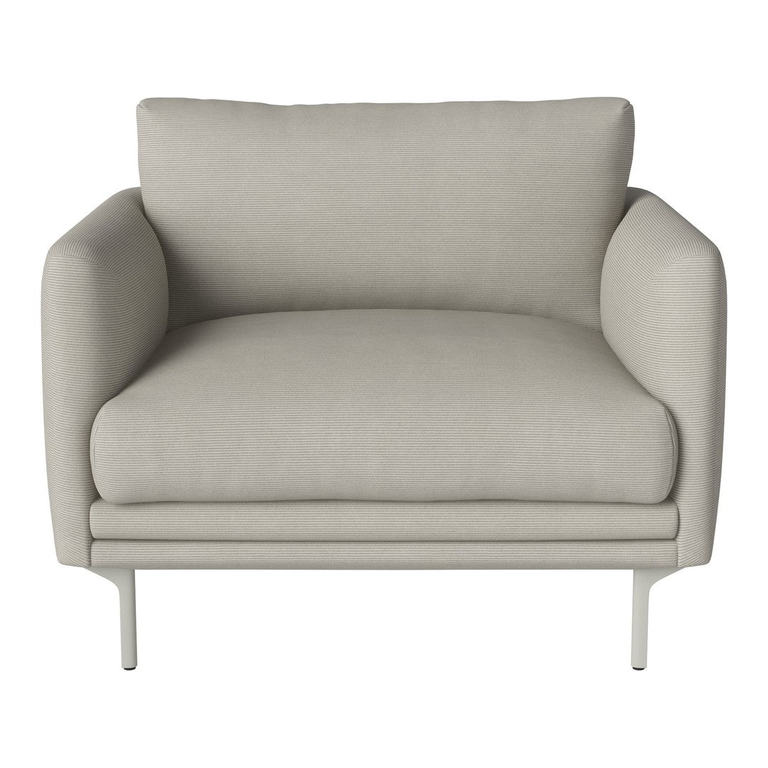 Light gray armchair with smooth fabric and minimalist design, perfect for modern decor.