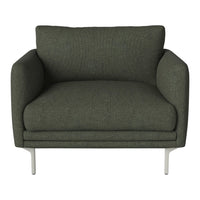 Olive green upholstered armchair with a textured pattern and sleek metal legs. Ideal for modern living spaces.