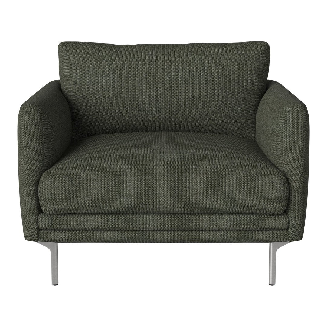 Green textured armchair with a modern design and sleek silver legs, perfect for contemporary living spaces.