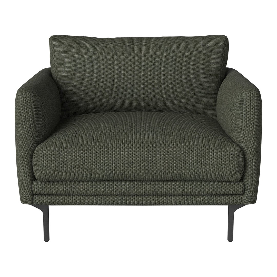 Green textured armchair with a minimalist design and black metal legs. Perfect for modern living spaces.