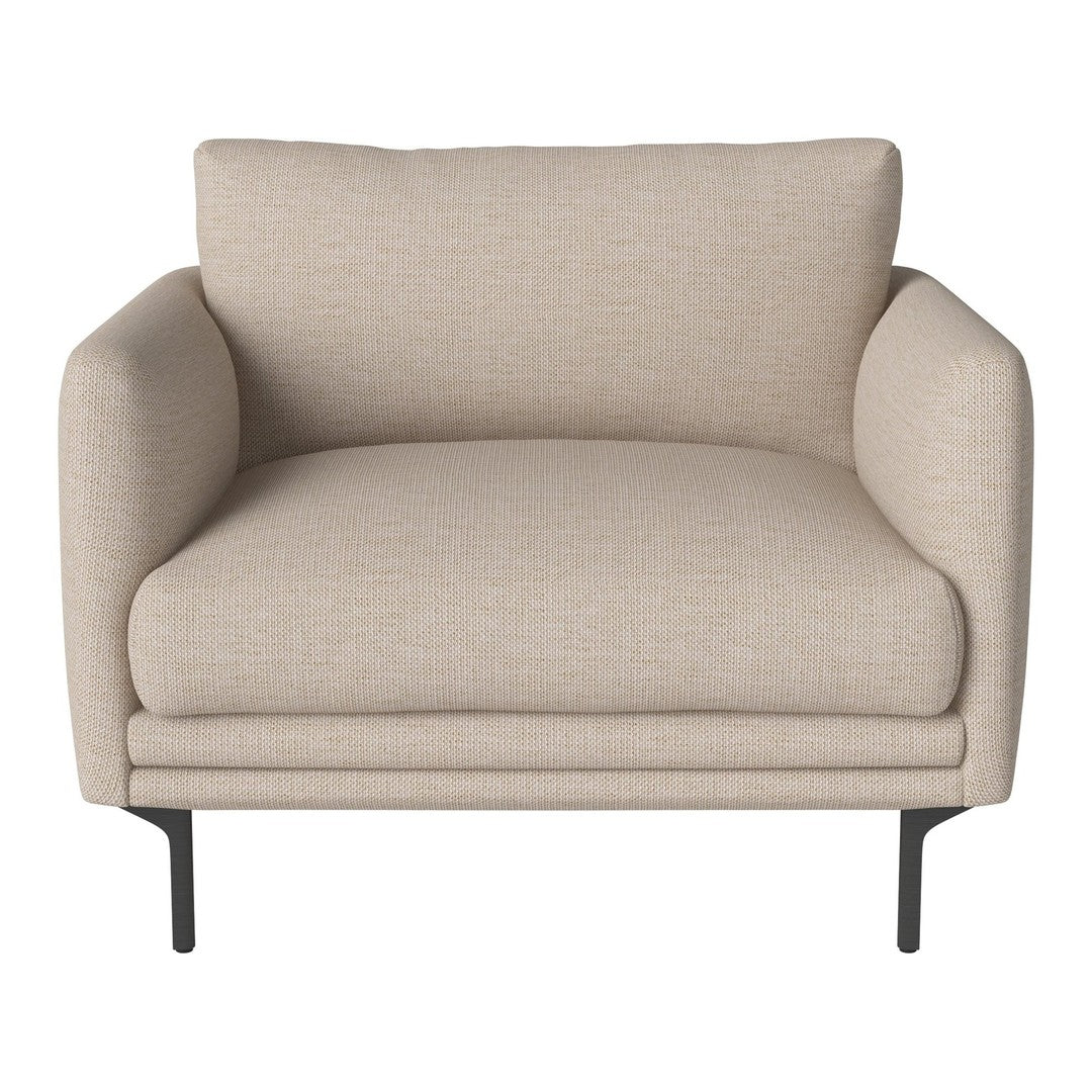 Beige, textured fabric armchair with smooth, rounded edges and sleek black metal legs. Perfect for modern living spaces.