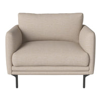 Beige, textured fabric armchair with smooth, rounded edges and sleek black metal legs. Perfect for modern living spaces.