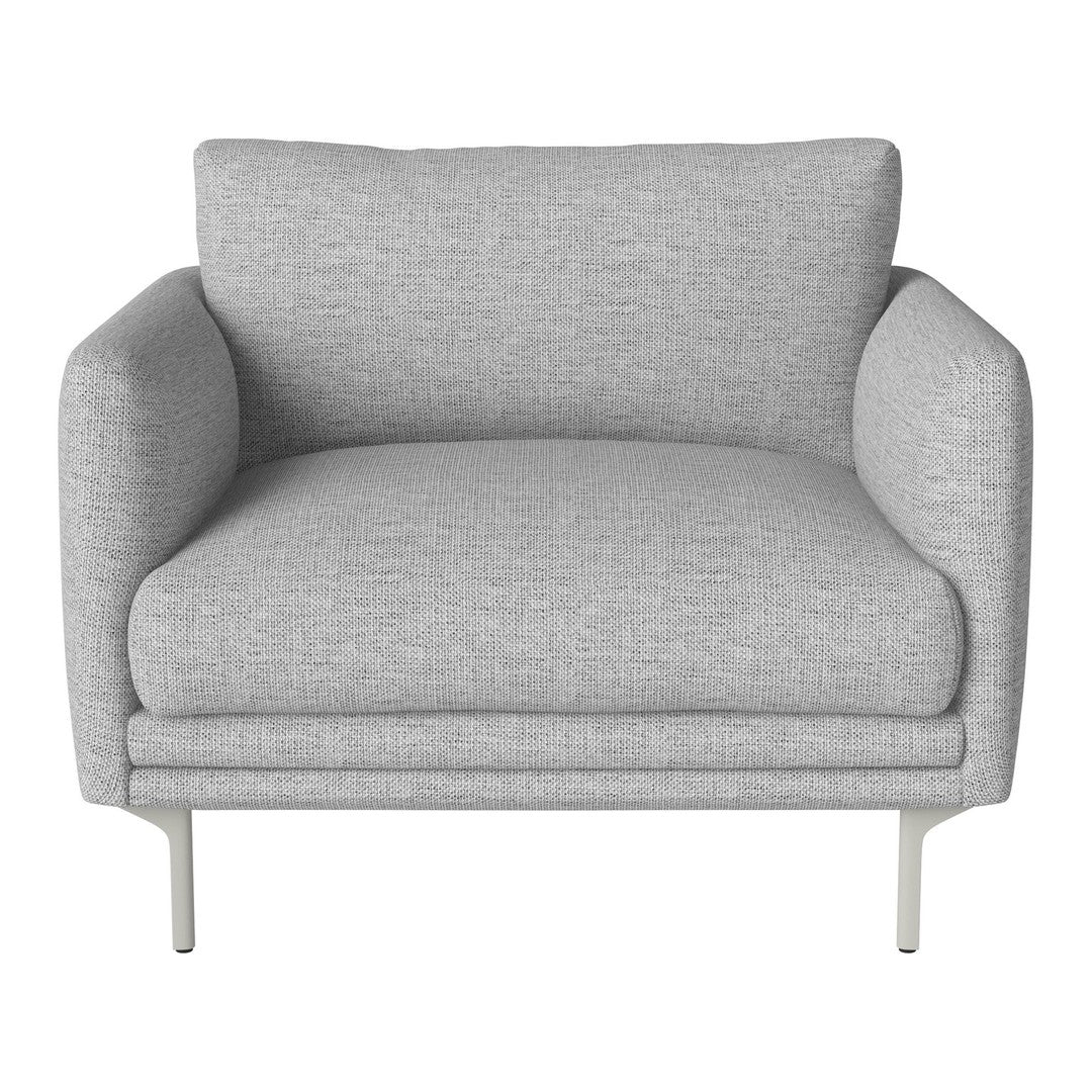 Gray upholstered loveseat with a textured pattern and sleek metal legs. Ideal for modern living spaces.