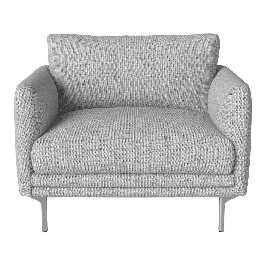 Gray upholstered armchair with a smooth texture and minimalist design featuring clean lines and tapered metal legs.