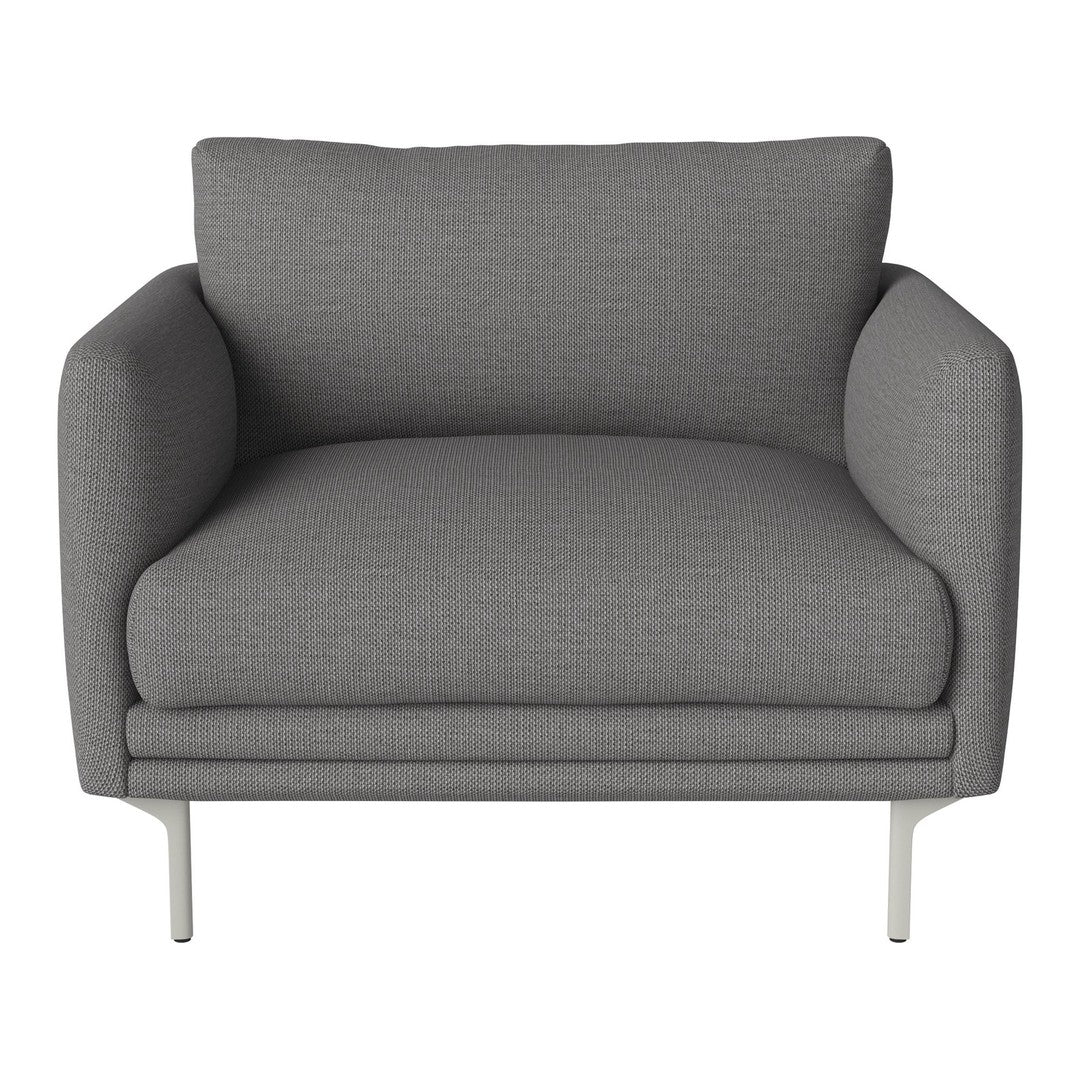 Gray upholstered armchair with a textured pattern and sleek metal legs. Modern and stylish seating option for any space.