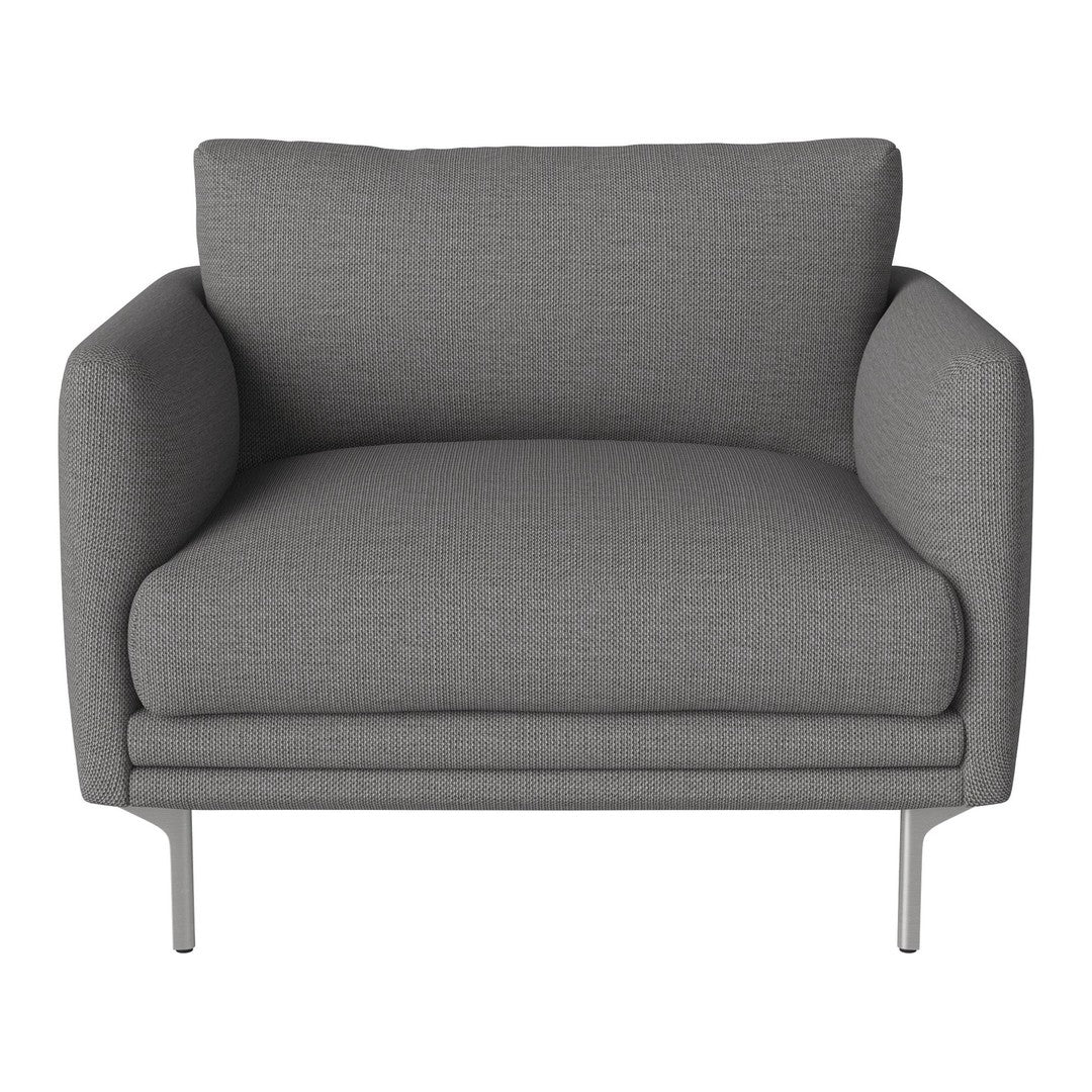 Gray textured armchair with smooth, contemporary design and sleek metal legs. Perfect for modern interiors.