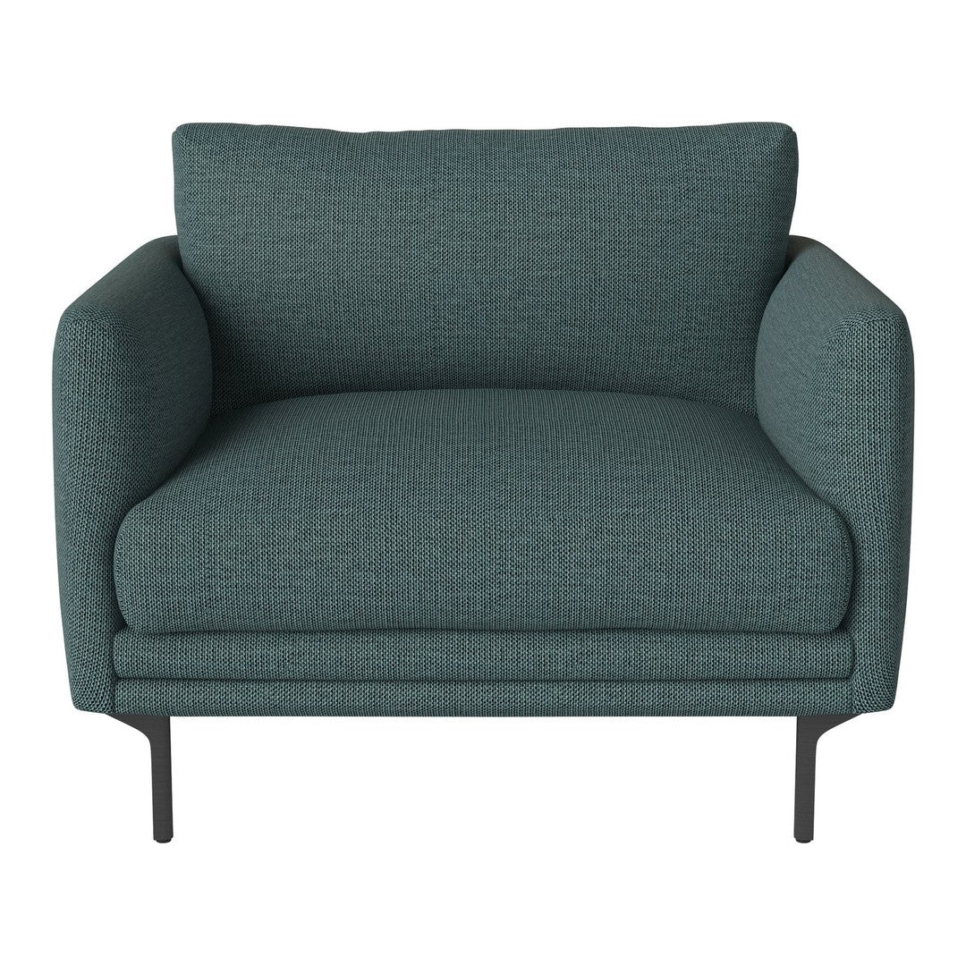 Teal upholstered armchair with a textured pattern and sleek black legs, perfect for modern living spaces.