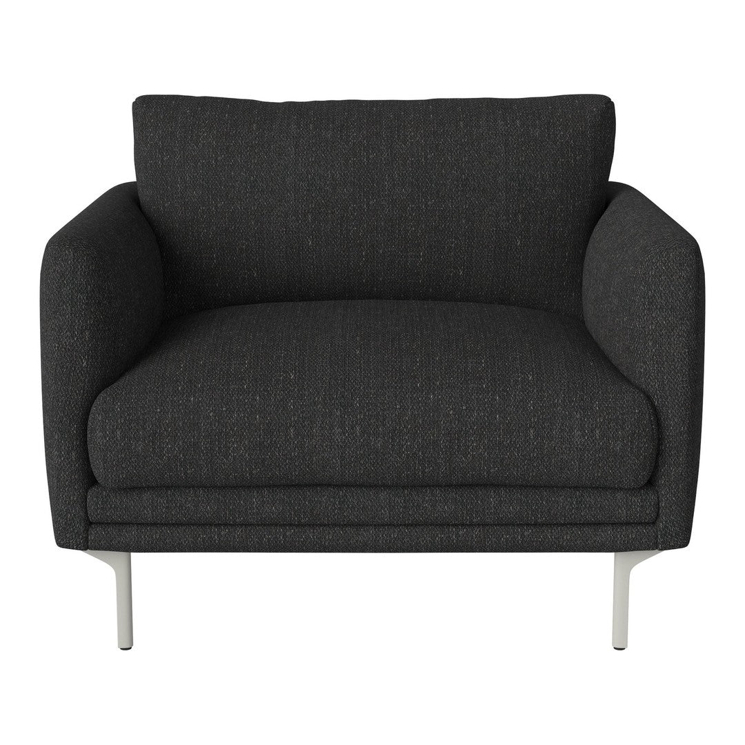 Stylish dark gray armchair with a textured fabric pattern and sleek silver legs. Perfect for modern decor.